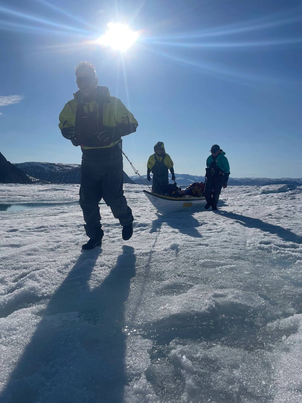 Dragging out sledges across the ice in the Northwest Passage, on the way to setting two World First Records. 